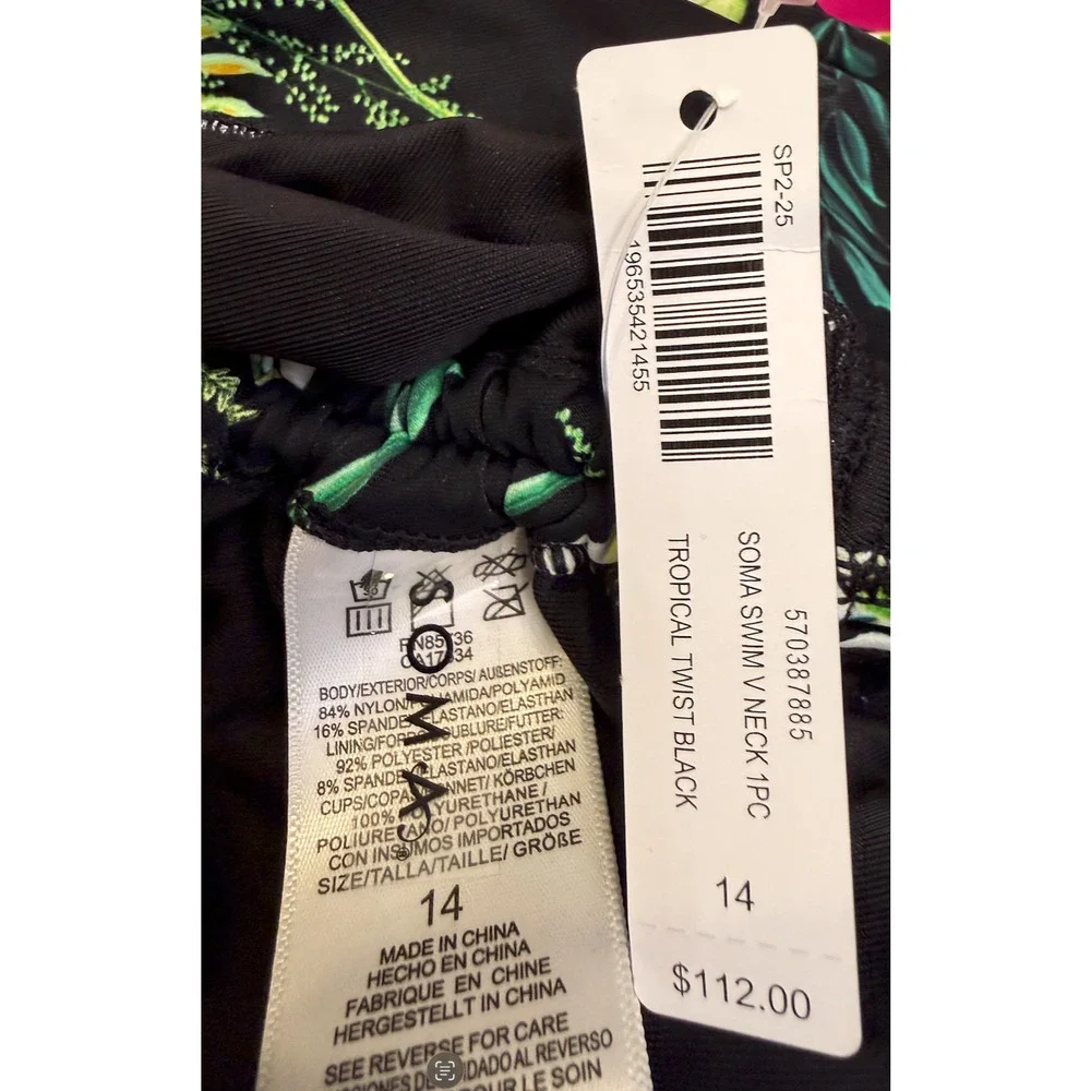 NWT SOMA BLACK TROPICAL TWIST BLACK FLORAL V-NECK FLORAL ONE PIECE SWIMSUIT 14